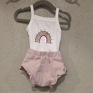 Charming White Snap Bottom Tank with Rainbow and Light Mauve Baby Shorts